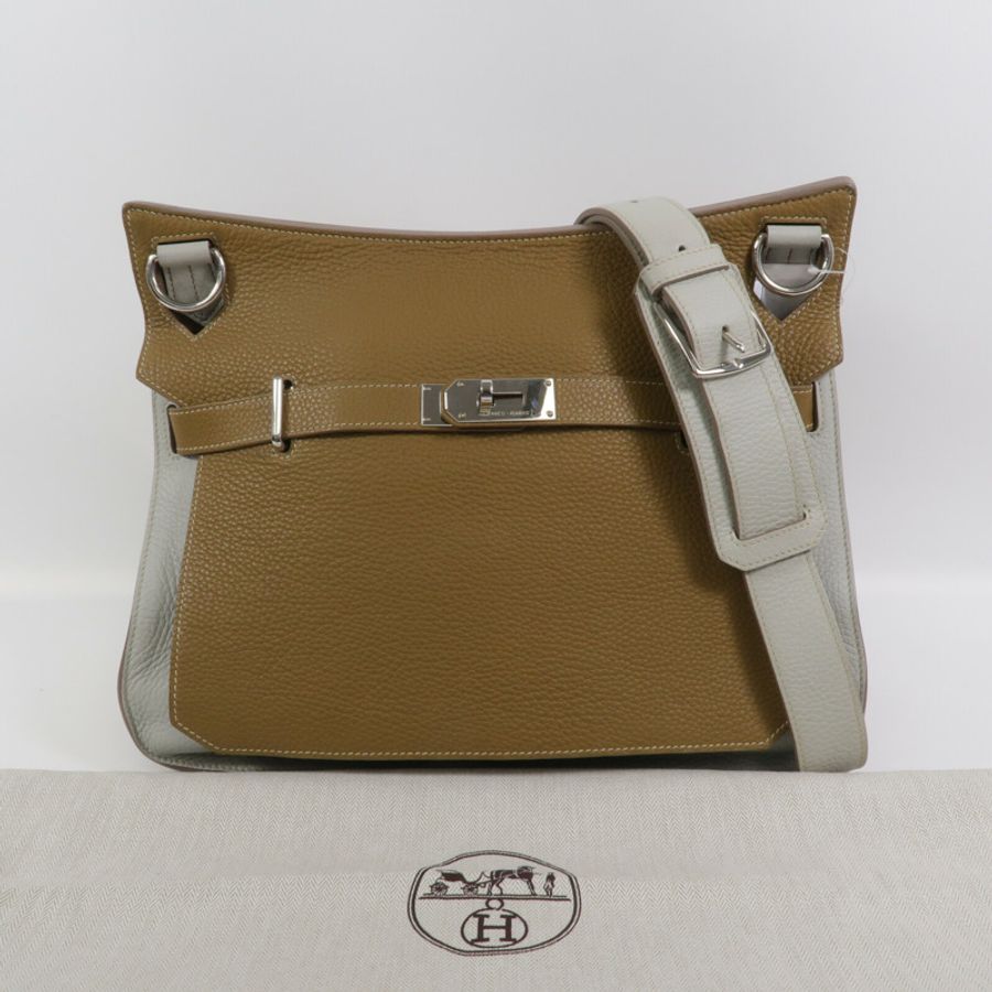 HERMES Clemence皮革Jypesiere 34肩背袋Kraft/Gris Pearl-9