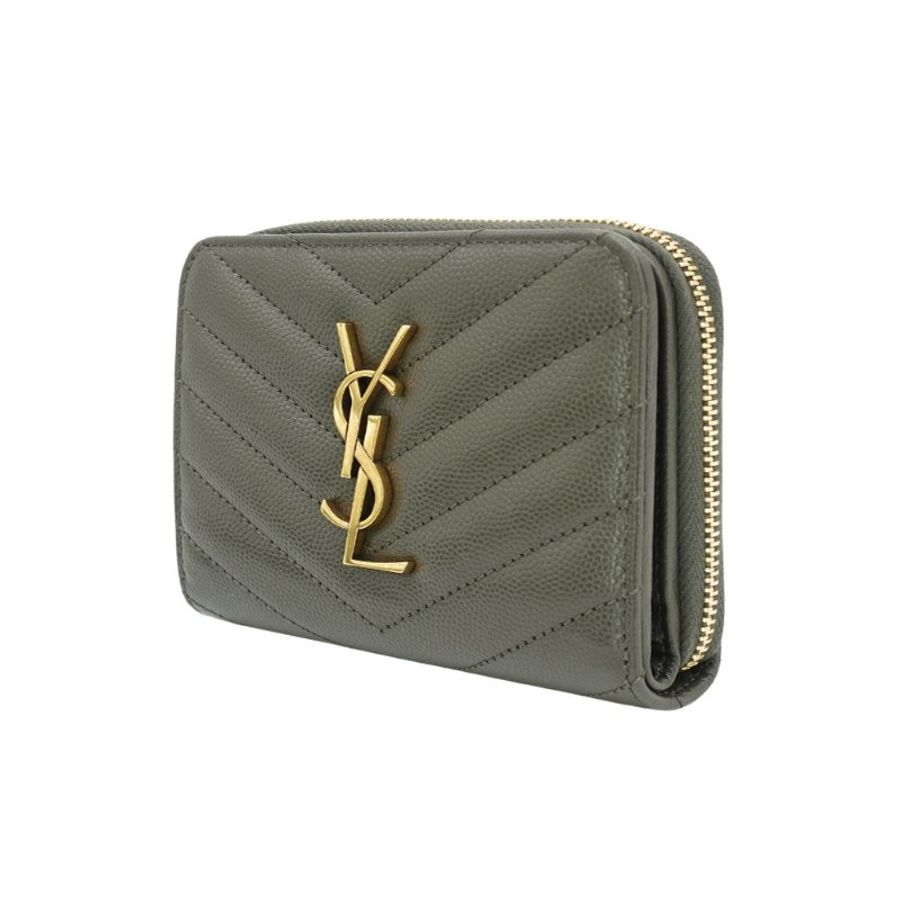 YSL 金LogoV字縫線魚子醬牛皮釦式拉鍊短夾(403723-墨綠)-1