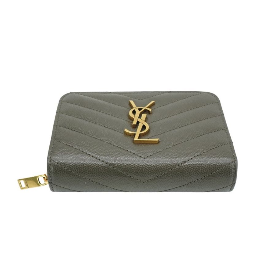 YSL 金LogoV字縫線魚子醬牛皮釦式拉鍊短夾(403723-墨綠)-3