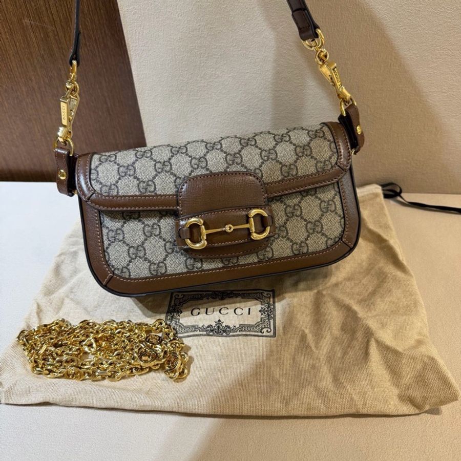Gucci古馳 Horsebit 1955 金色 馬銜扣鏈條雙肩帶  法棍包腋下包 可單肩斜挎 底長23.5-1