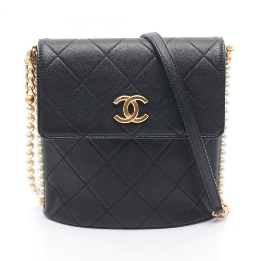 香奈兒 (CHANEL) 絎縫人造珍珠鏈肩背包 AS2503 皮革 黑色 GHW-0