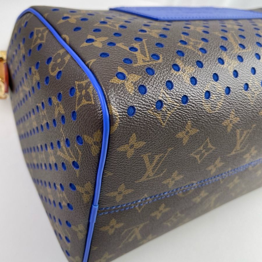 ✨99新🆕 LOUIS VUITTON SPEEDY SOFT 30雙拉鍊開合可拆卸肩帶 Monogram塗層帆布拼牛皮革單肩包手提包 女款 棕拼藍色 芯片款❤️正品保障-3