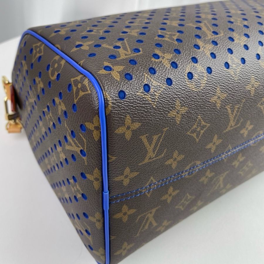✨99新🆕 LOUIS VUITTON SPEEDY SOFT 30雙拉鍊開合可拆卸肩帶 Monogram塗層帆布拼牛皮革單肩包手提包 女款 棕拼藍色 芯片款❤️正品保障-5