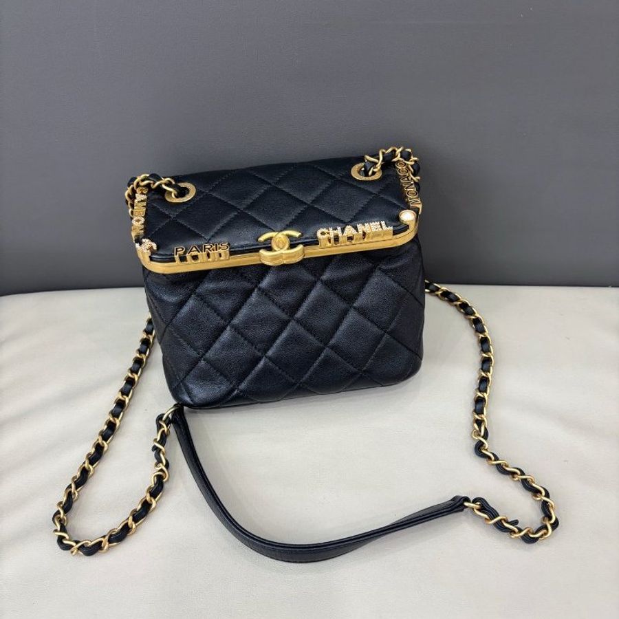 近新品 香奈兒/Chanel 黑金kiss lock蛙口鏈條包 芯片款-0