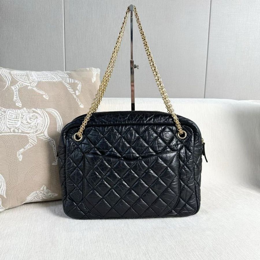 Chanel 黑金2.55鏈條相機包 黑色 金扣 油蠟皮 32*23*10 99新配件塵袋-2