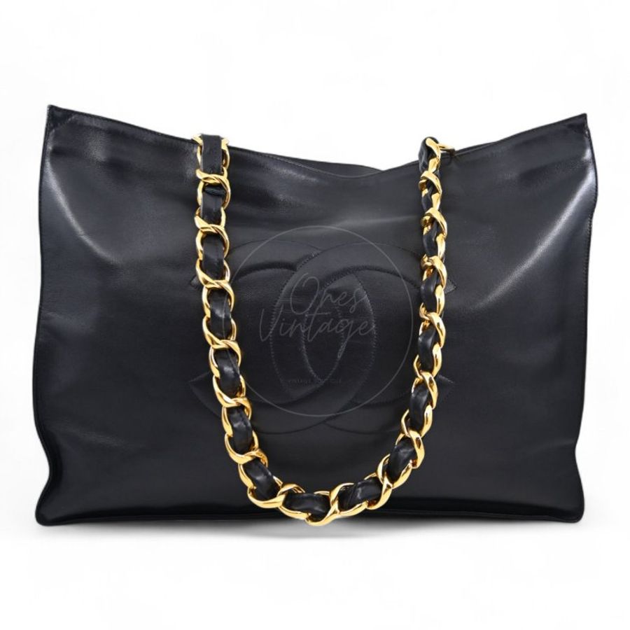 中古 香奈兒 Chanel 黑色小牛皮 Black Calfskin 鏈條肩背托特包 Chain Shoulder Tote Bag-1