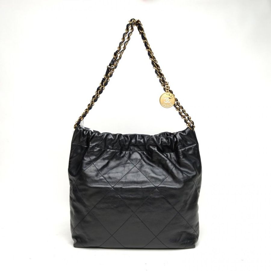 CHANEL 22BagTote托特包小號黑色牛皮晶片開金扣肩背包-2