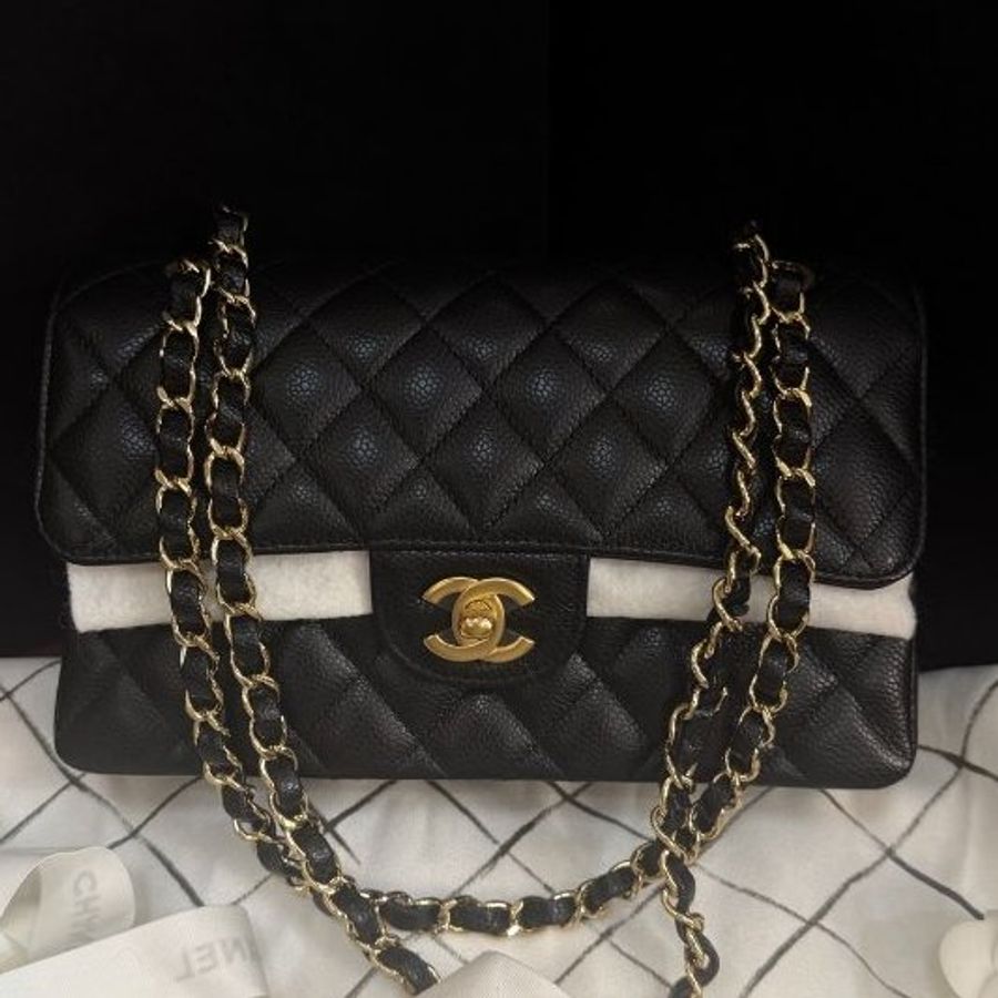 近新品 香奈兒/Chanel 黑金荔枝皮cf 小號鏈條包 芯片款-0