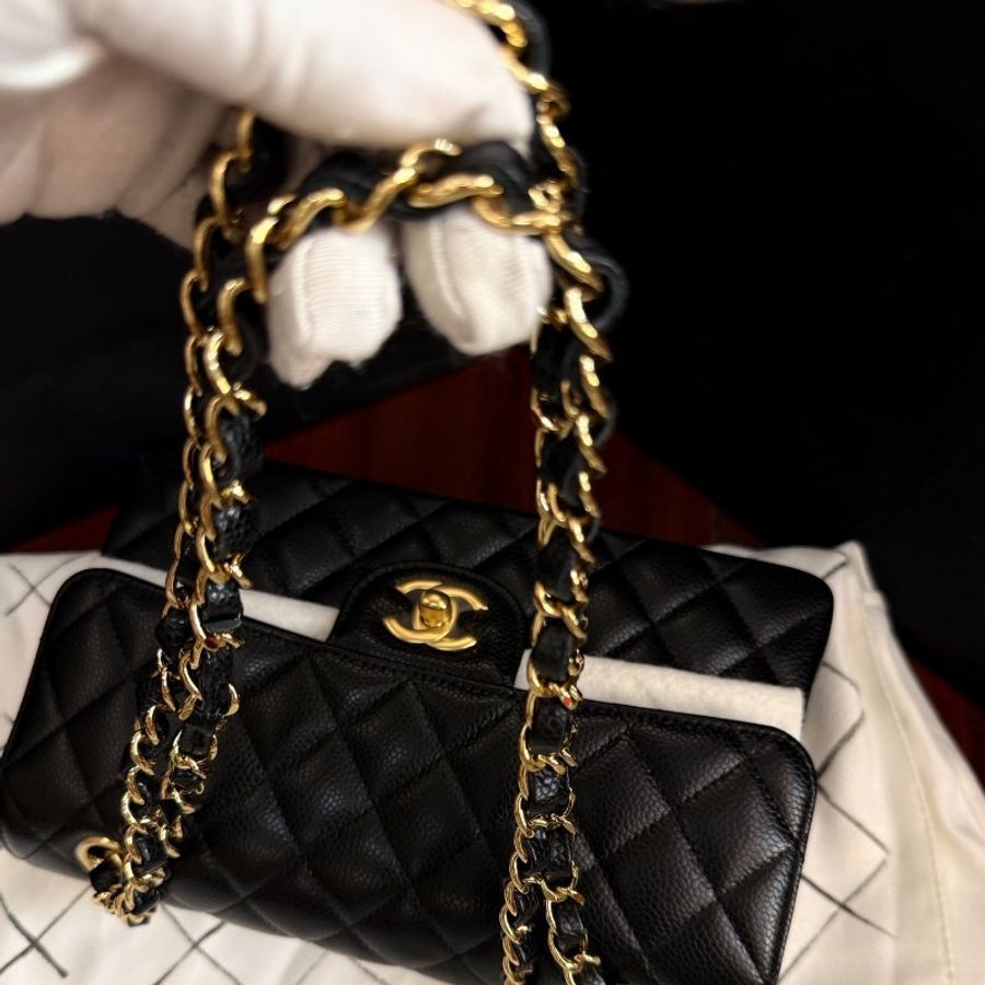 近新品 香奈兒/Chanel 黑金荔枝皮cf 小號鏈條包 芯片款-9