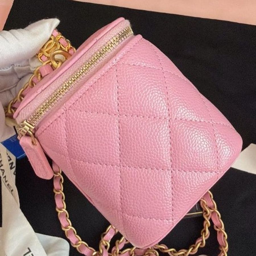 全新品 香奈兒/Chanel 櫻花粉 字母鏤空logo手柄長盒子鏈條包-1
