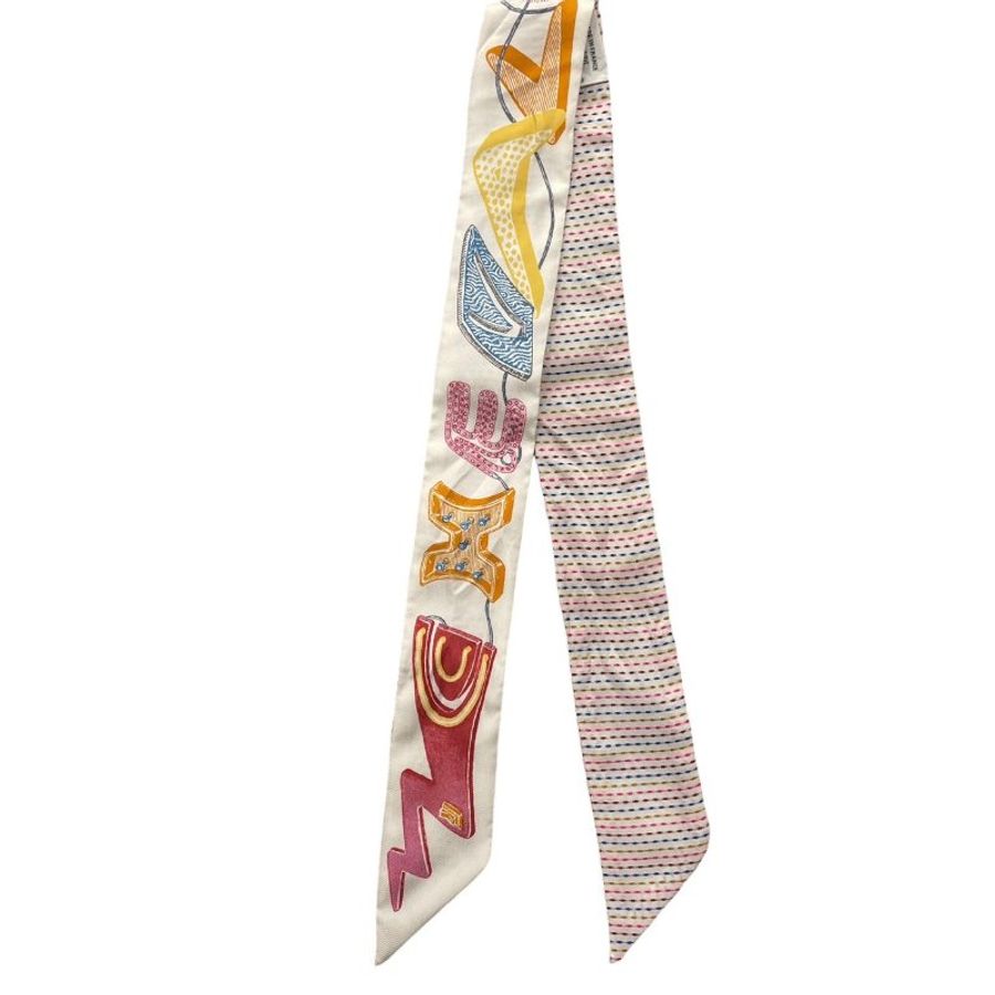 HERMES 愛馬仕 CHEVALOSCOPE POINTILLE TWILLY 絲巾 真絲 白色系-2