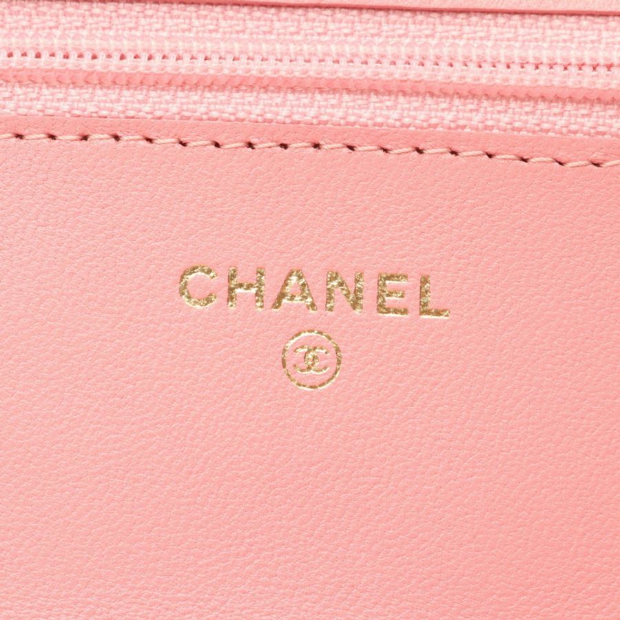 香奈兒 (CHANEL) 絎縫鏈條肩背斜背包皮夾 羊皮 粉紅色 金色扣環 二手-4