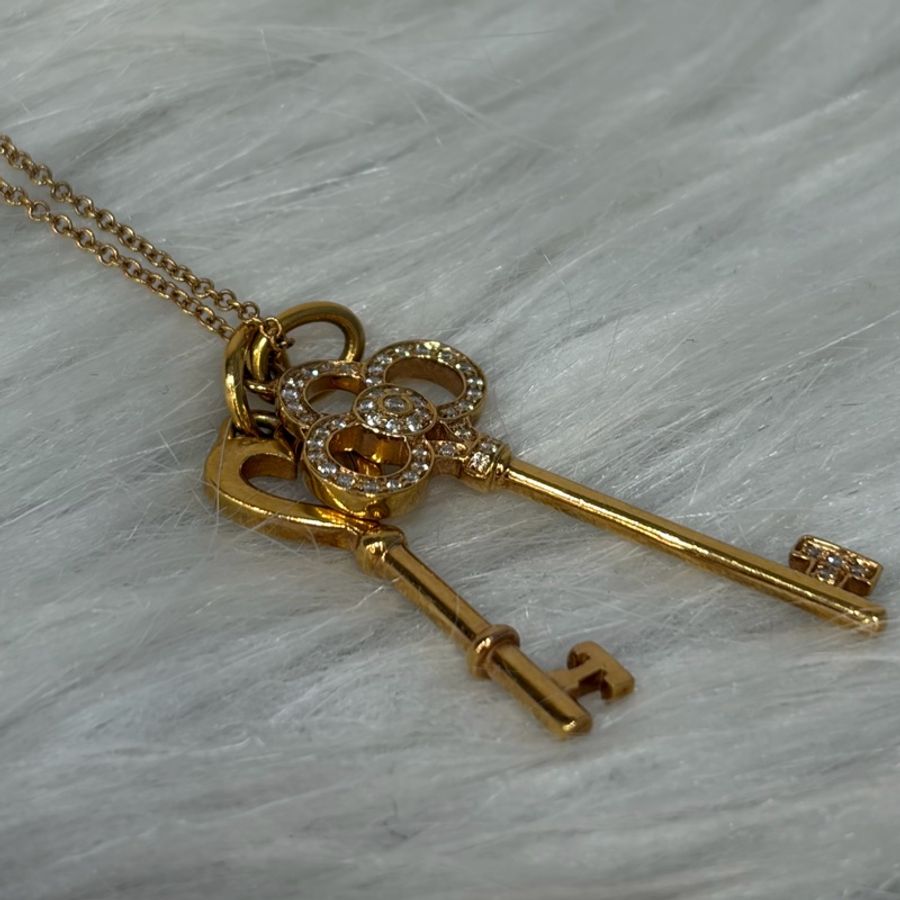 TIFFANY 蒂芬妮 750 黃K金 愛心 皇冠 KEY KEYS 鑰匙 心鎖 鑽石 項鍊 鍊-1
