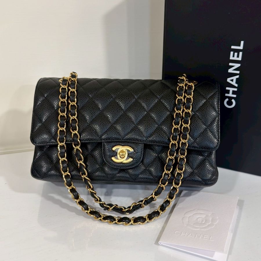 Chanel香奈兒CF25黑金荔枝皮口蓋包中號 閒置帶膜🈶購證-12