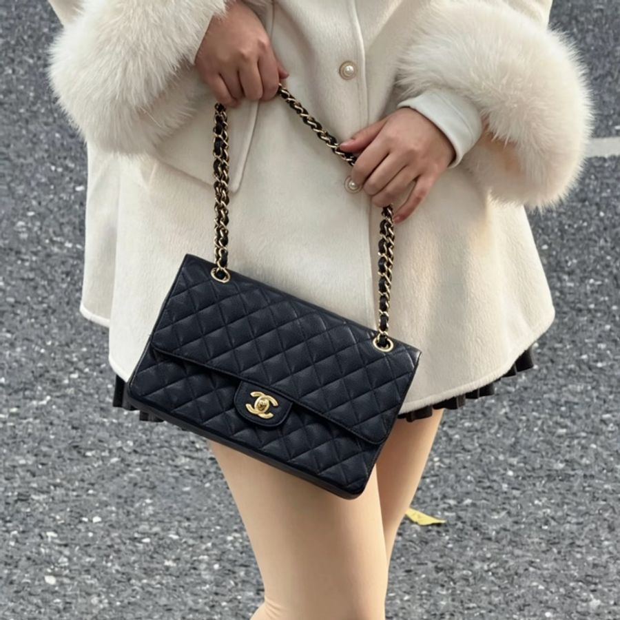 Chanel香奈兒CF25黑金荔枝皮口蓋包中號 閒置帶膜🈶購證-3