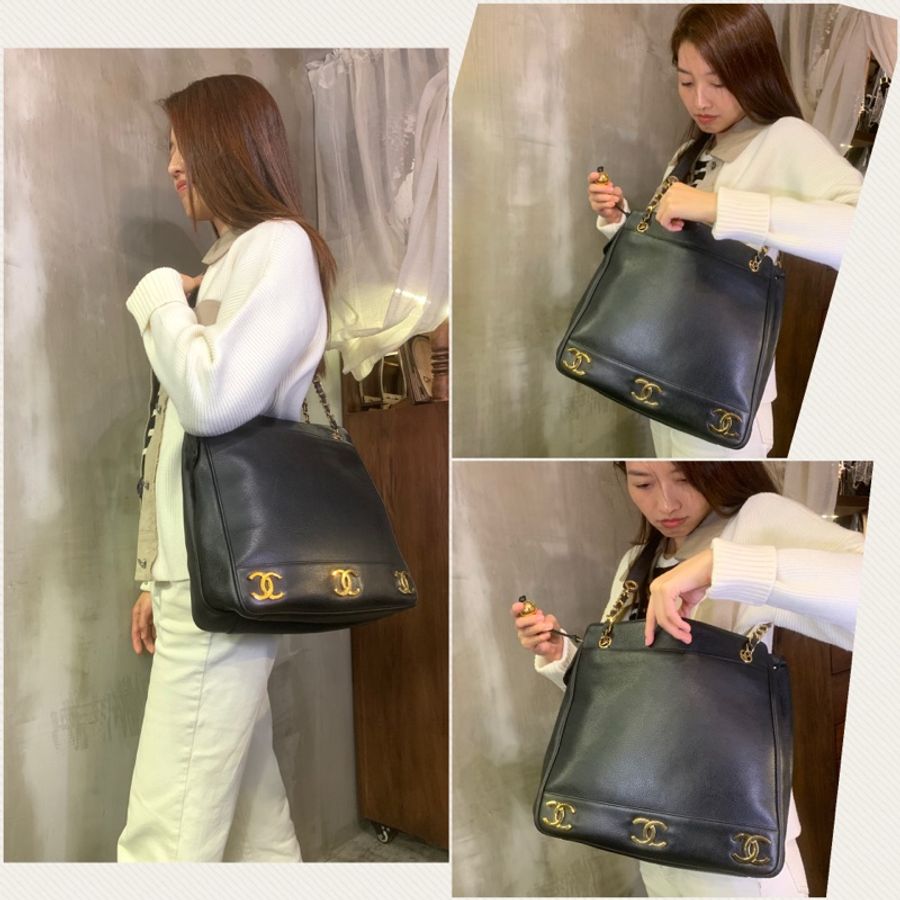 90S Chanel Vintage Caviar With 24k Gold-Plate CC Tote Bag 香奈兒中古魚子醬黑色CC單肩包-8