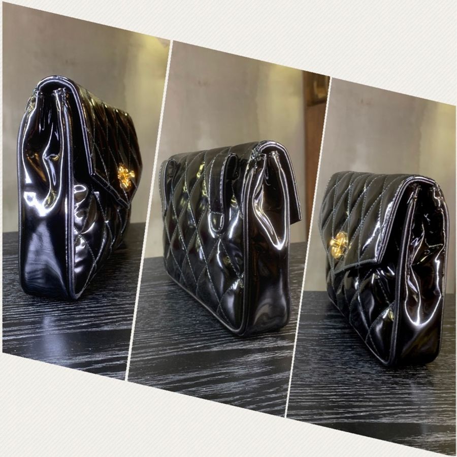 香奈兒黑色漆皮腰包 Chanel vintage Patent Leather 24K Gold CC Logo Belt Bag In Black + Chain-2