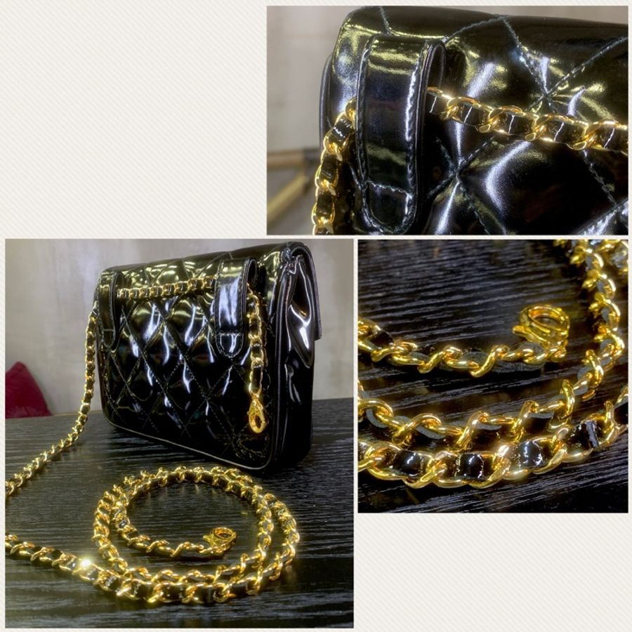 香奈兒黑色漆皮腰包 Chanel vintage Patent Leather 24K Gold CC Logo Belt Bag In Black + Chain-4