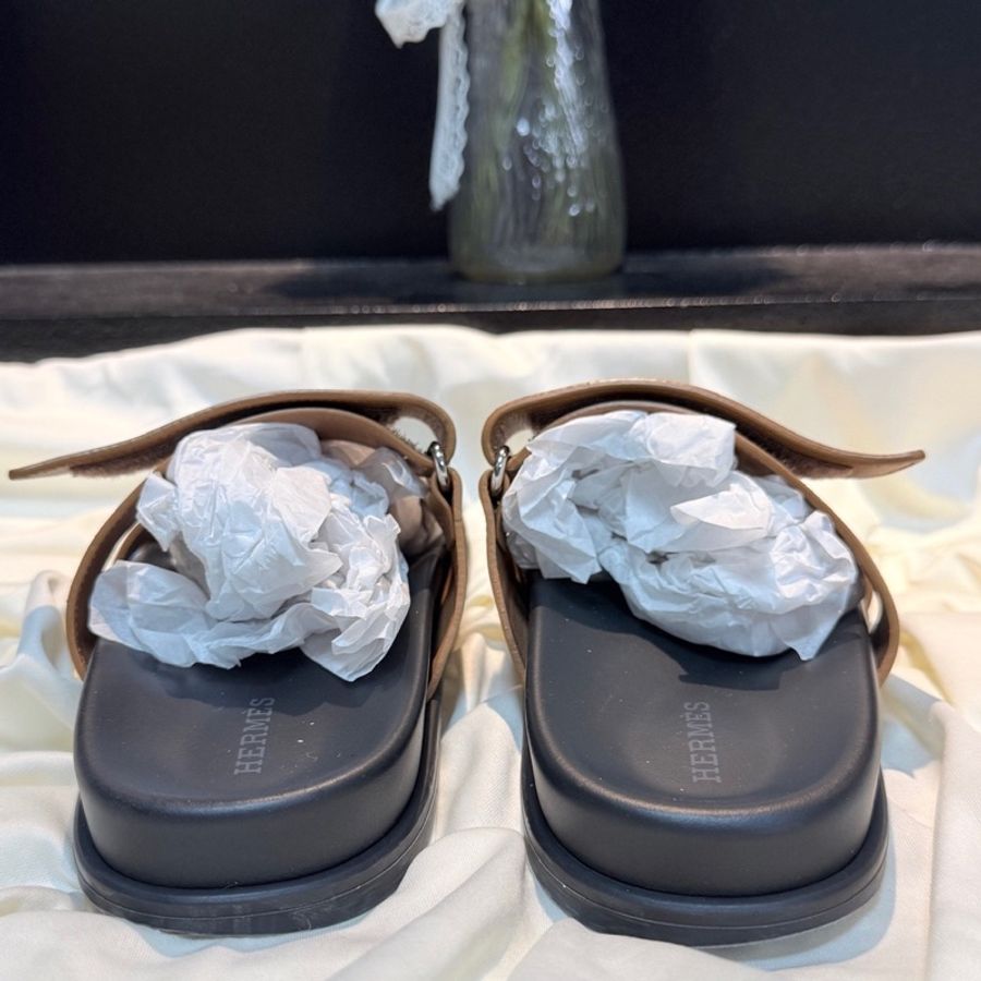 Hermes/愛馬仕 黑棕H綁帶二舅拖鞋 39碼-2