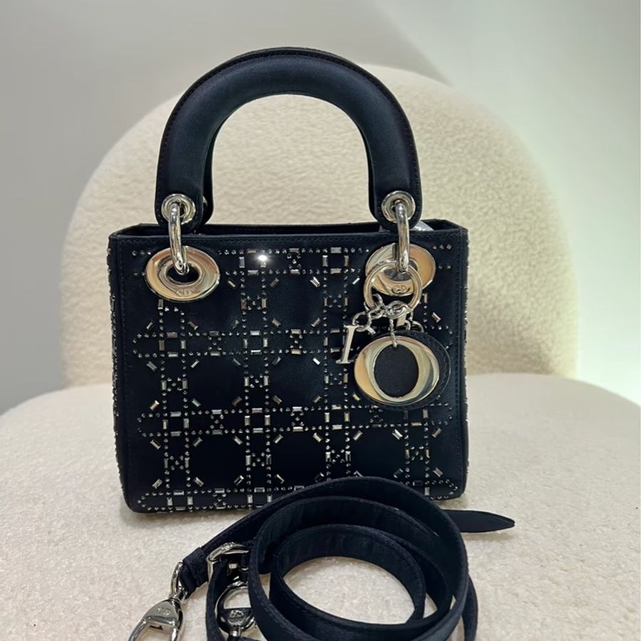 Dior • Lady Dior 深藍色緞面水鑽三格戴妃包-1