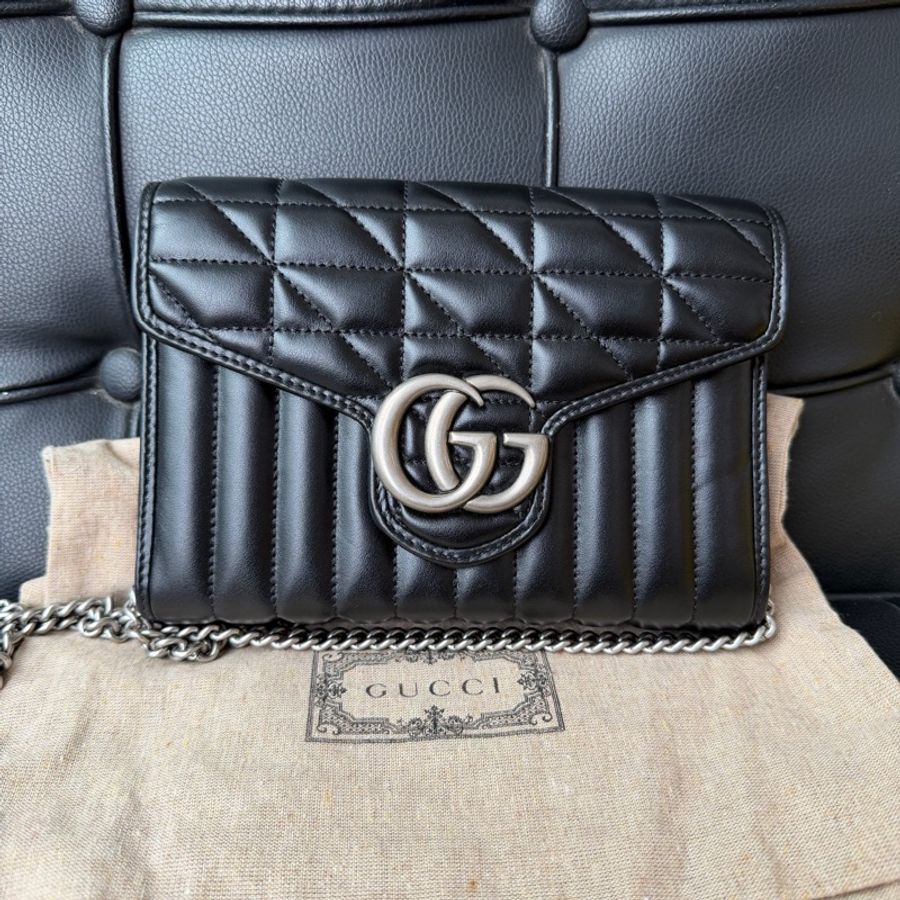 Gucci 古馳 馬蒙新款黑銀woc鏈條斜塊包 黑銀色、單包-0