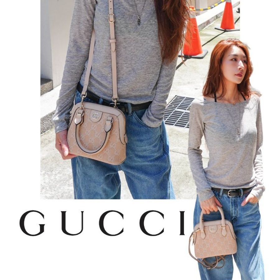 Gucci 展示品 Ophidia 帆布手提/斜背迷你貝殼包(772216-淺米)-0