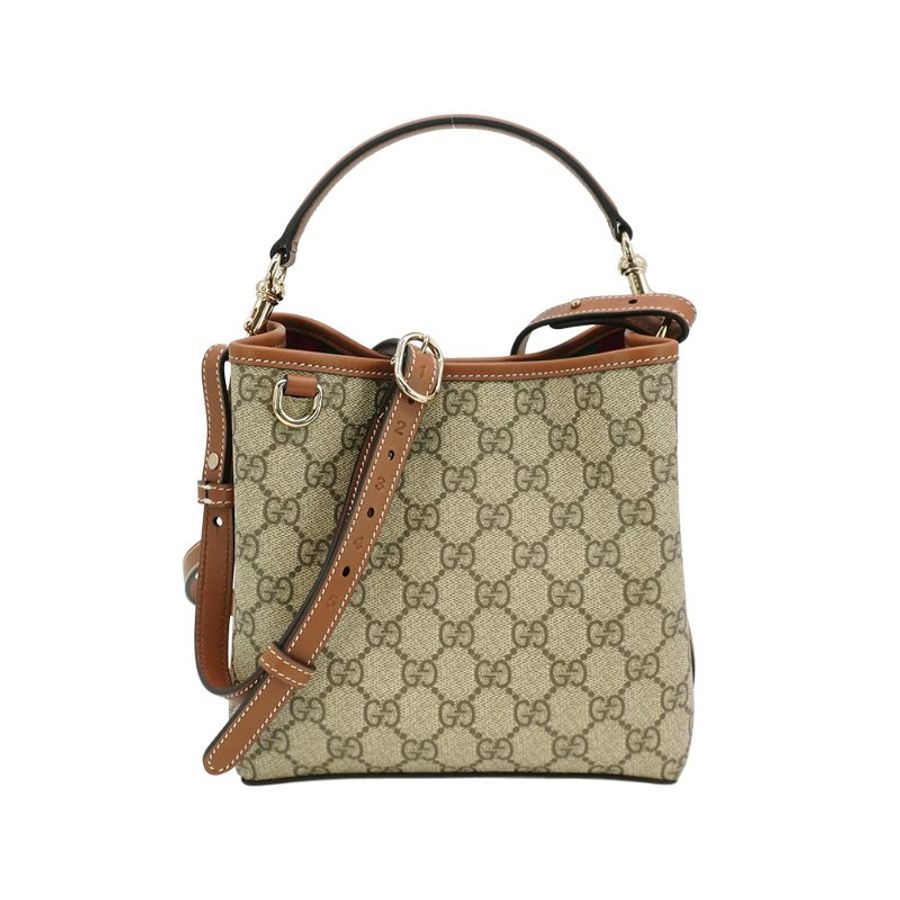 Gucci 展示品 GG Emblem 帆布拚牛皮水桶二用包(815118-咖)-1