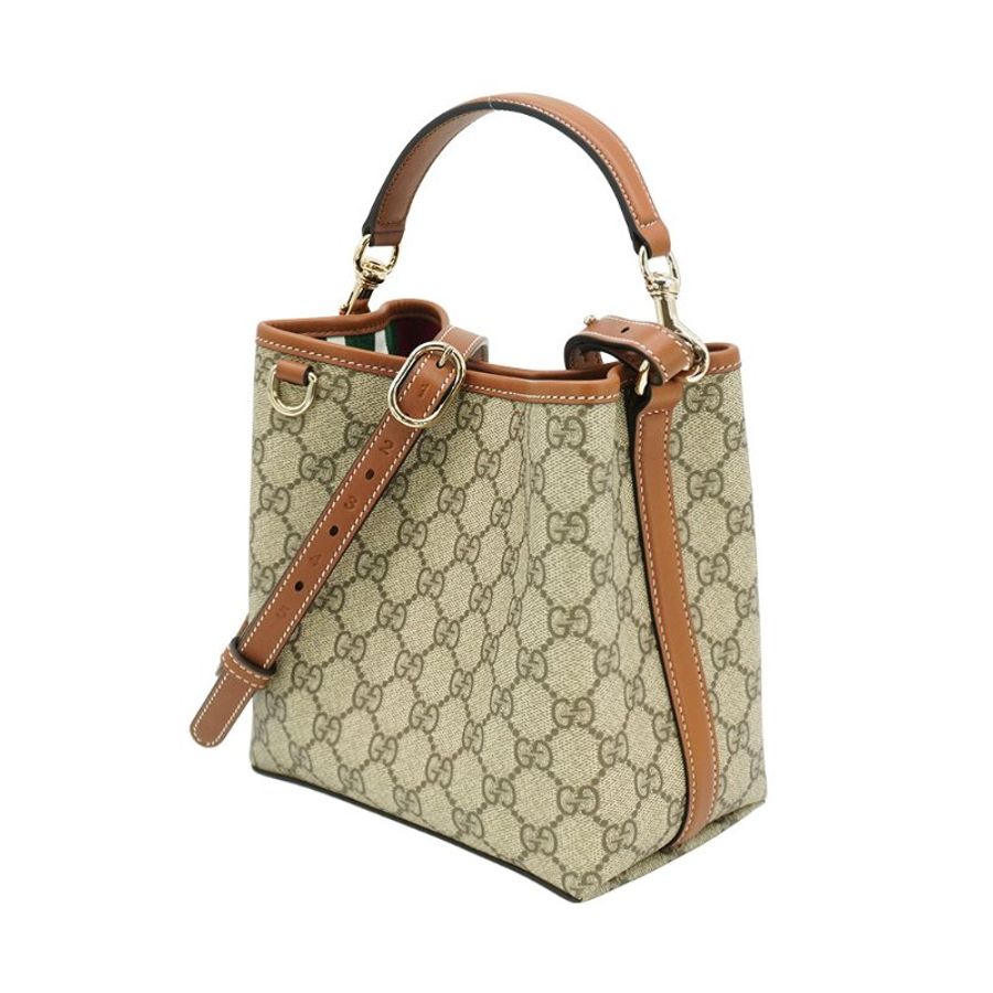 Gucci 展示品 GG Emblem 帆布拚牛皮水桶二用包(815118-咖)-2