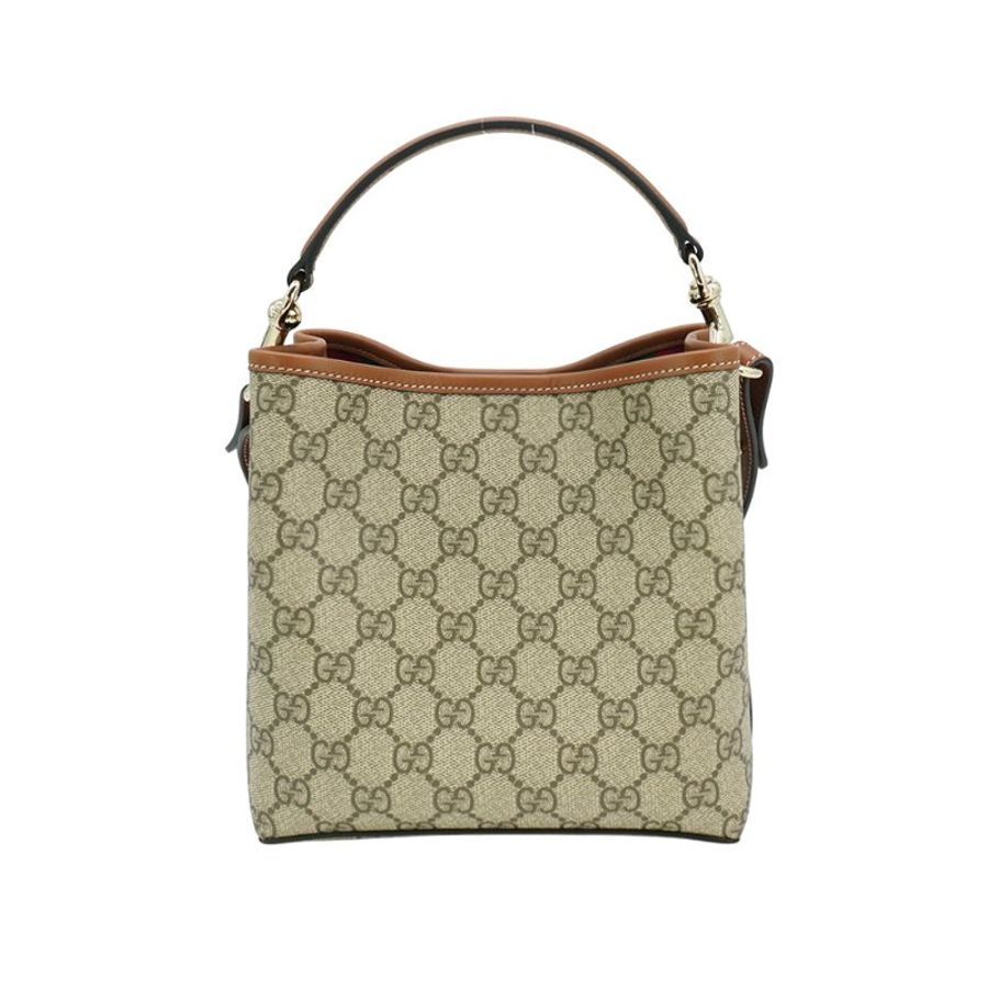 Gucci 展示品 GG Emblem 帆布拚牛皮水桶二用包(815118-咖)-3