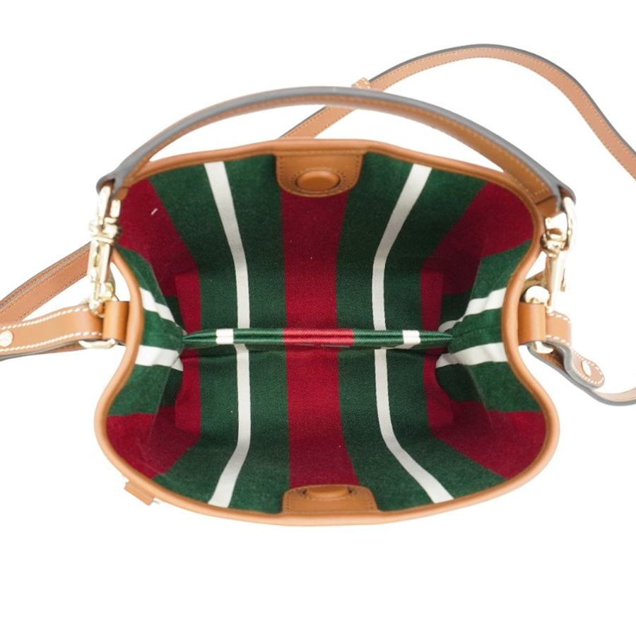 Gucci 展示品 GG Emblem 帆布拚牛皮水桶二用包(815118-咖)-5