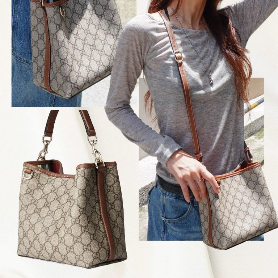 Gucci 展示品 GG Emblem 帆布拚牛皮水桶二用包(815118-咖)-0