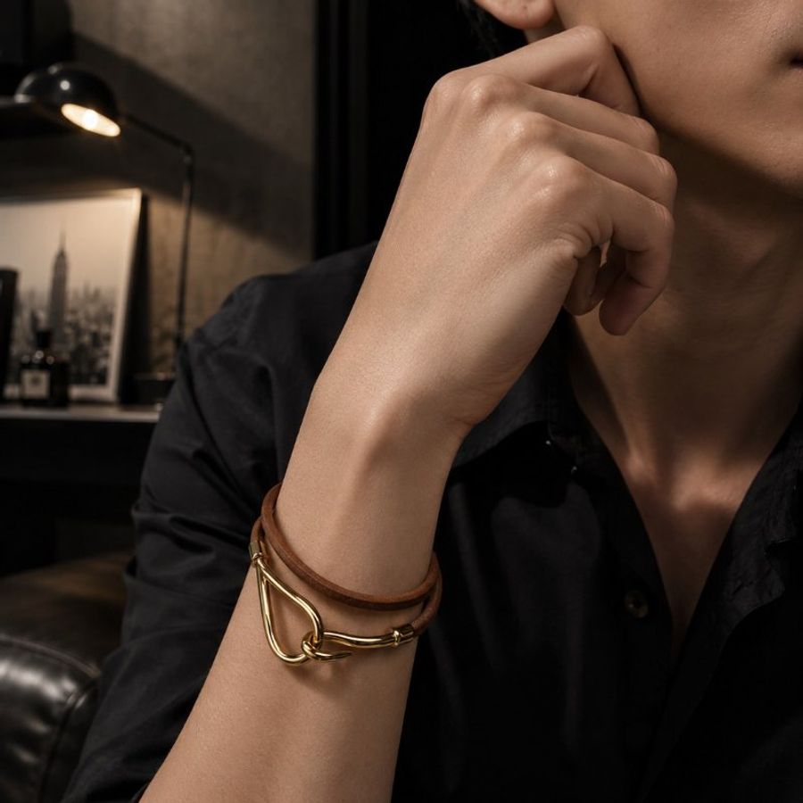 狀態良好 HERMES 愛馬仕 金勾雙圈皮革手環 男女適用-10