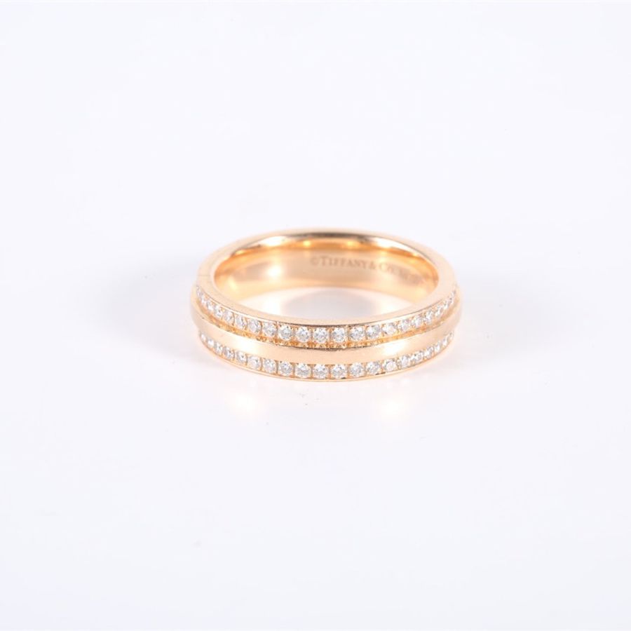 TIFFANY&CO 18K玫瑰金鑽石雙T滿鑽戒指50-3