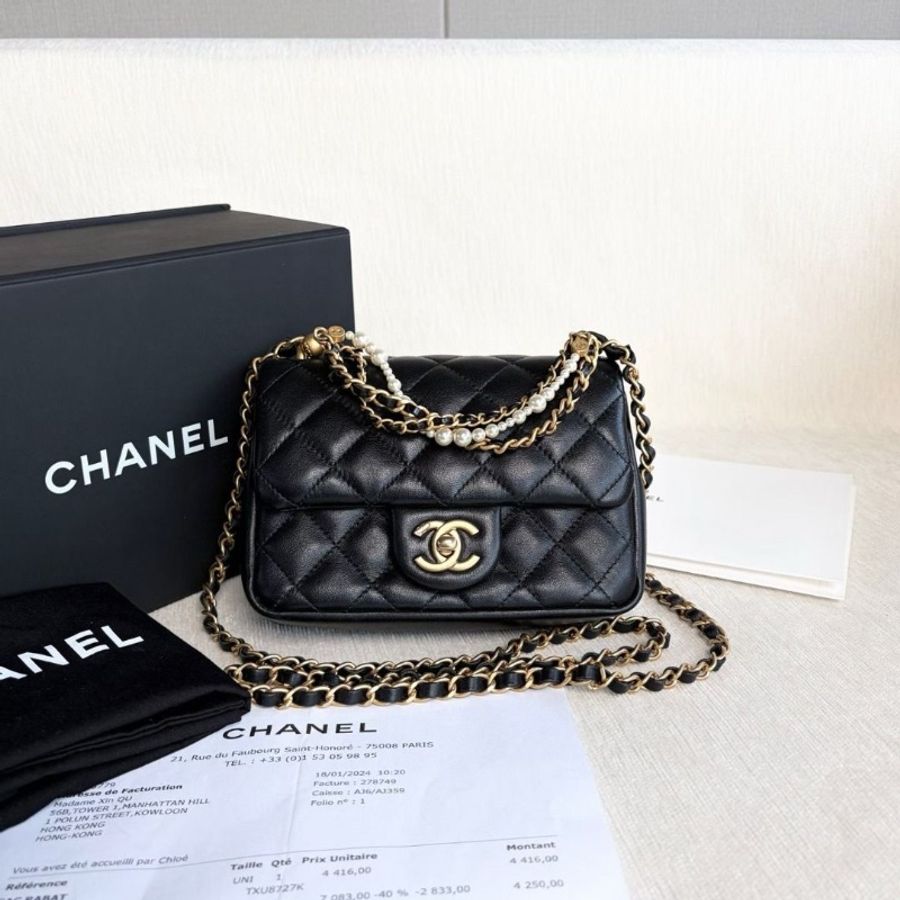 Chanel 黑金24p珍珠鏈條方胖子 芯片款 黑色 金扣 羊皮 17*13*5 95新 配件購證 盒子 塵袋-2