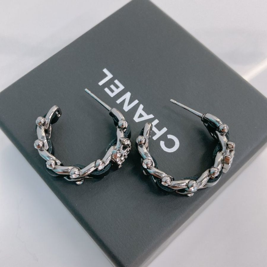 MS0720 Chanel 香奈兒雙C牛皮銀扣耳環 CC Logo Hooping Chain and Calfskin Black x PHW-6