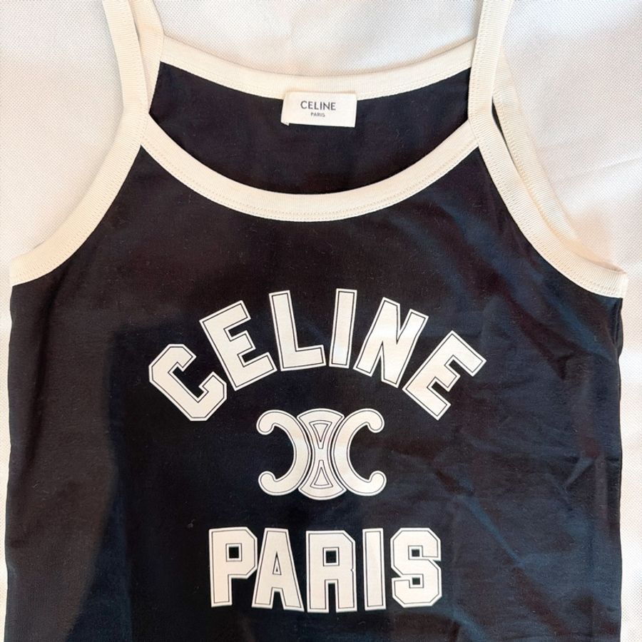 二手精品自賣❤️Celine經典款凱旋門黑色logo細肩帶背心.XS近全新-1