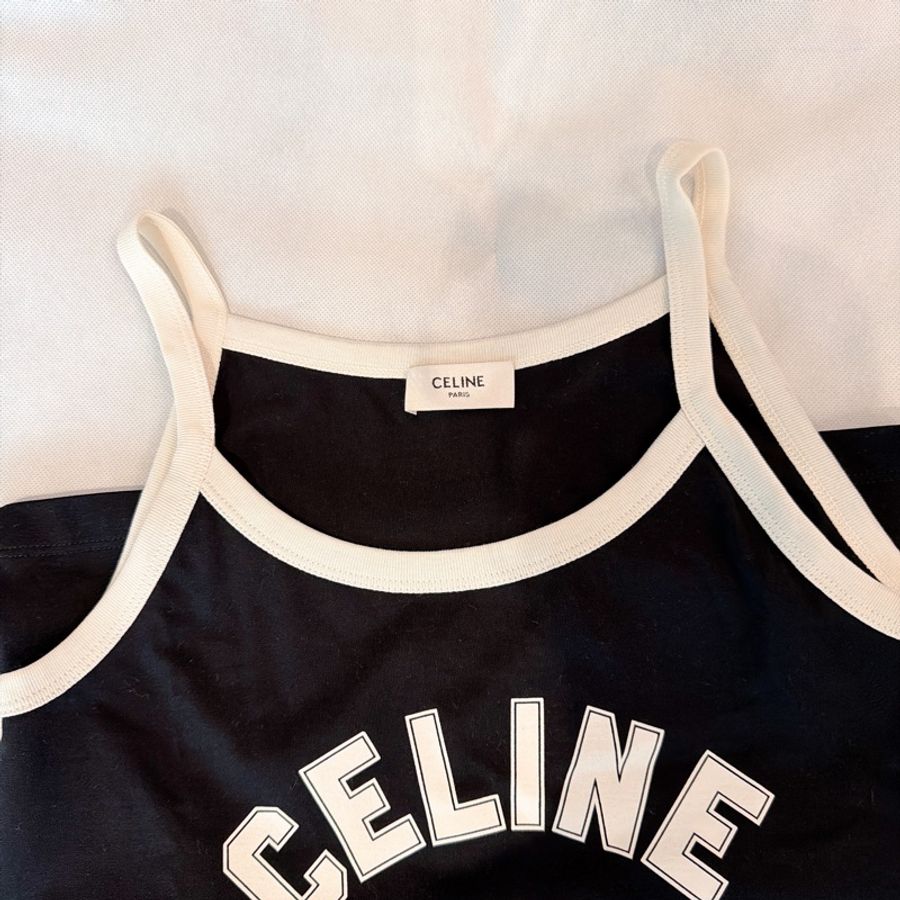 二手精品自賣❤️Celine經典款凱旋門黑色logo細肩帶背心.XS近全新-12