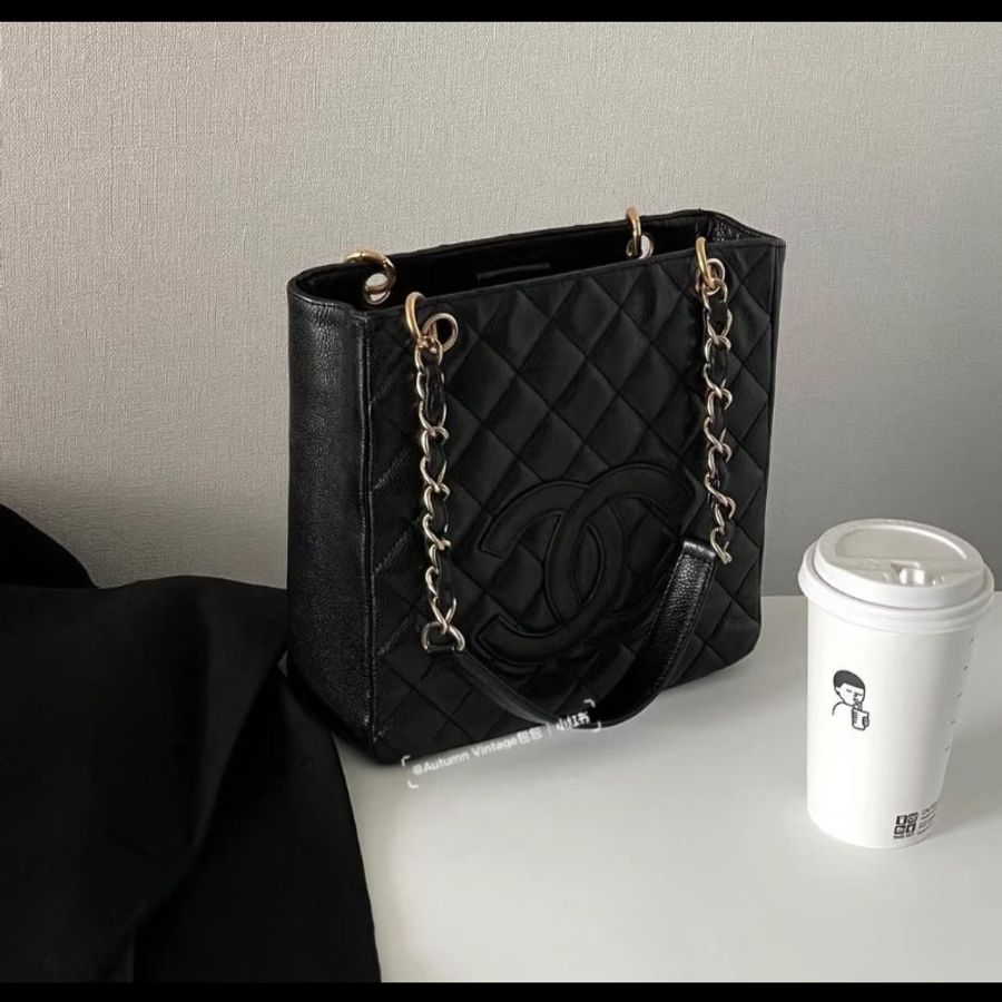 香奈兒 Chanel 黑色 荔枝皮 PST 托特包 鍊條包 肩背包 手提包-0