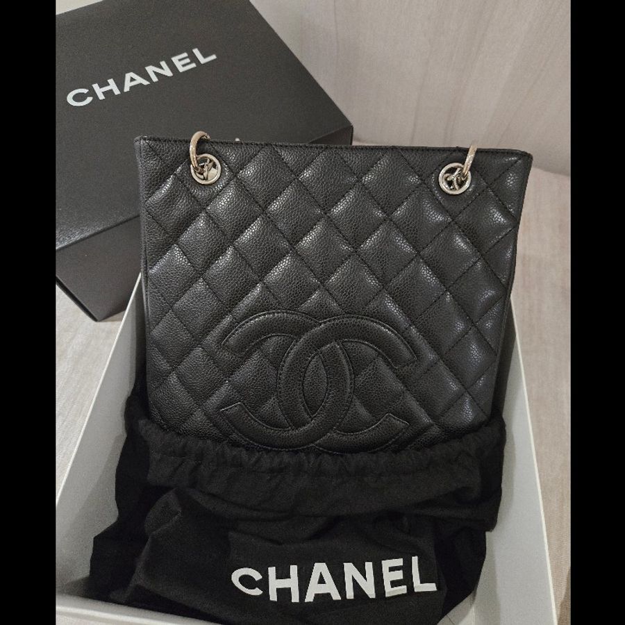 香奈兒 Chanel 黑色 荔枝皮 PST 托特包 鍊條包 肩背包 手提包-6