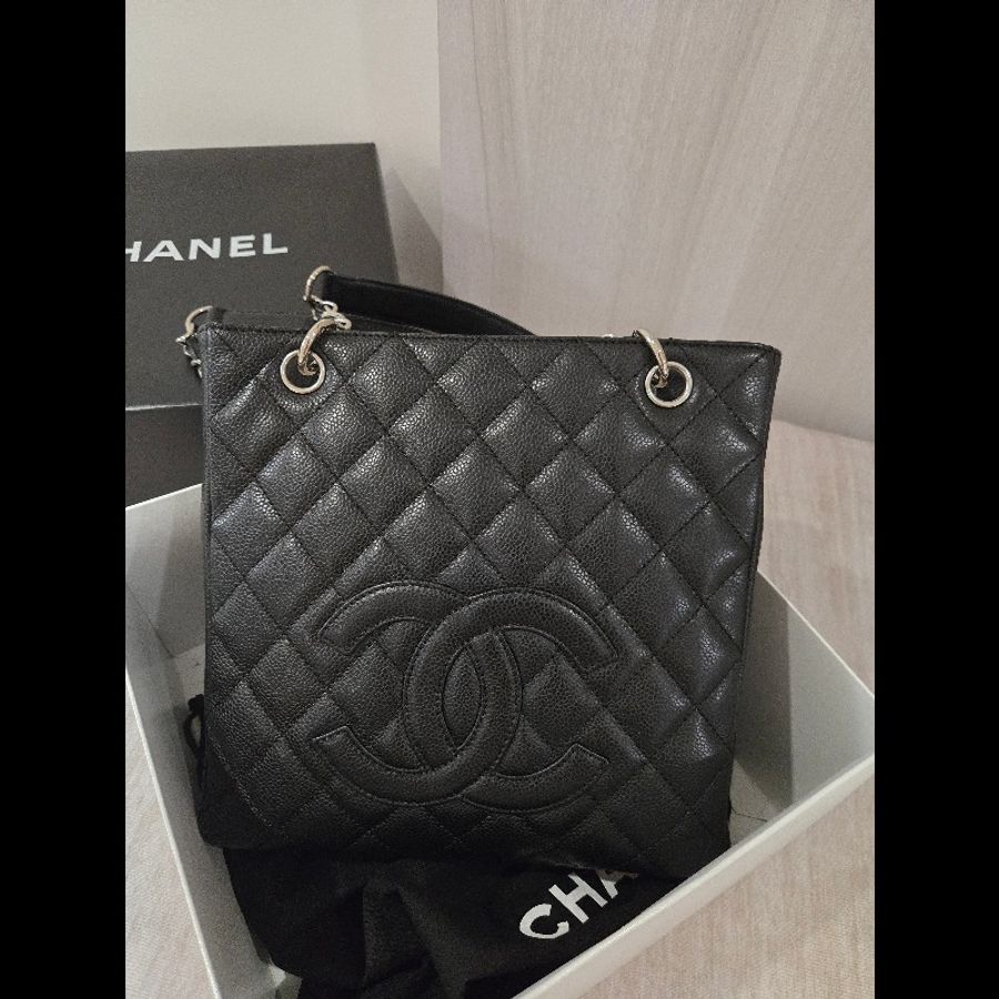 香奈兒 Chanel 黑色 荔枝皮 PST 托特包 鍊條包 肩背包 手提包-7