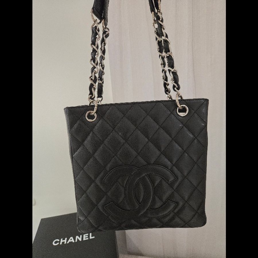 香奈兒 Chanel 黑色 荔枝皮 PST 托特包 鍊條包 肩背包 手提包-8