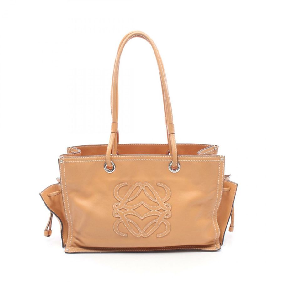 LOEWE Anagram 購物手提包，棕色皮革，二手女款-0
