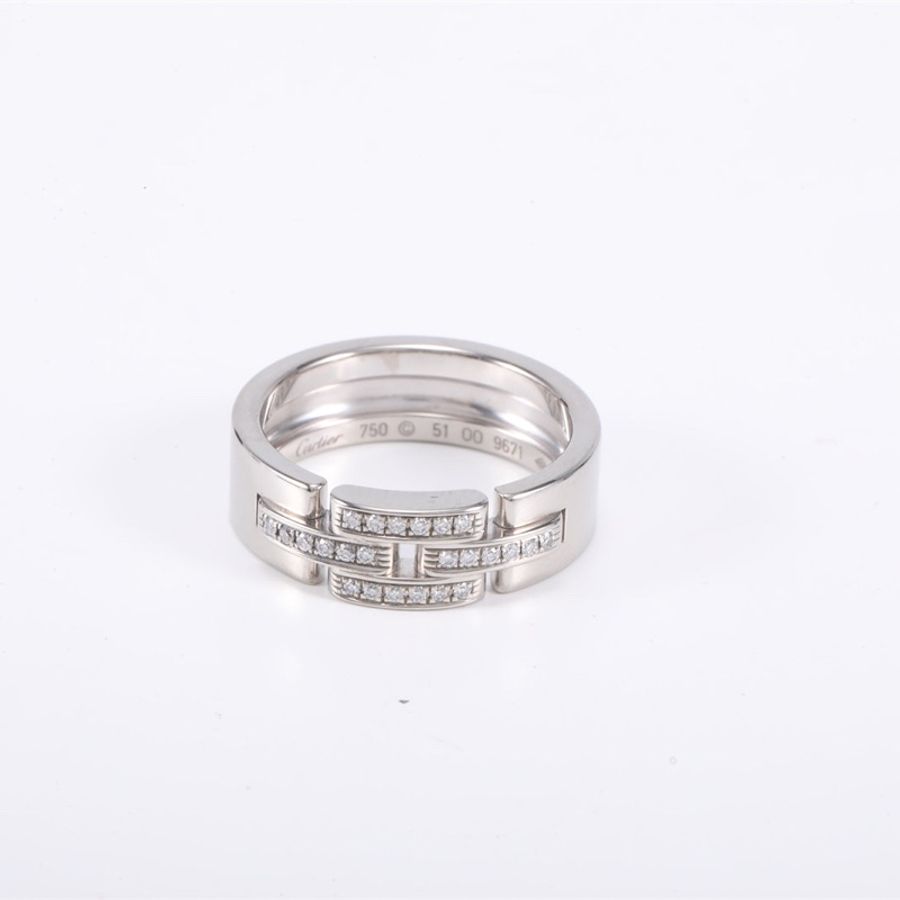 CARTIER 三排鑽鏈節與鏈條系列坦克半鑽戒指18K白金 51-2