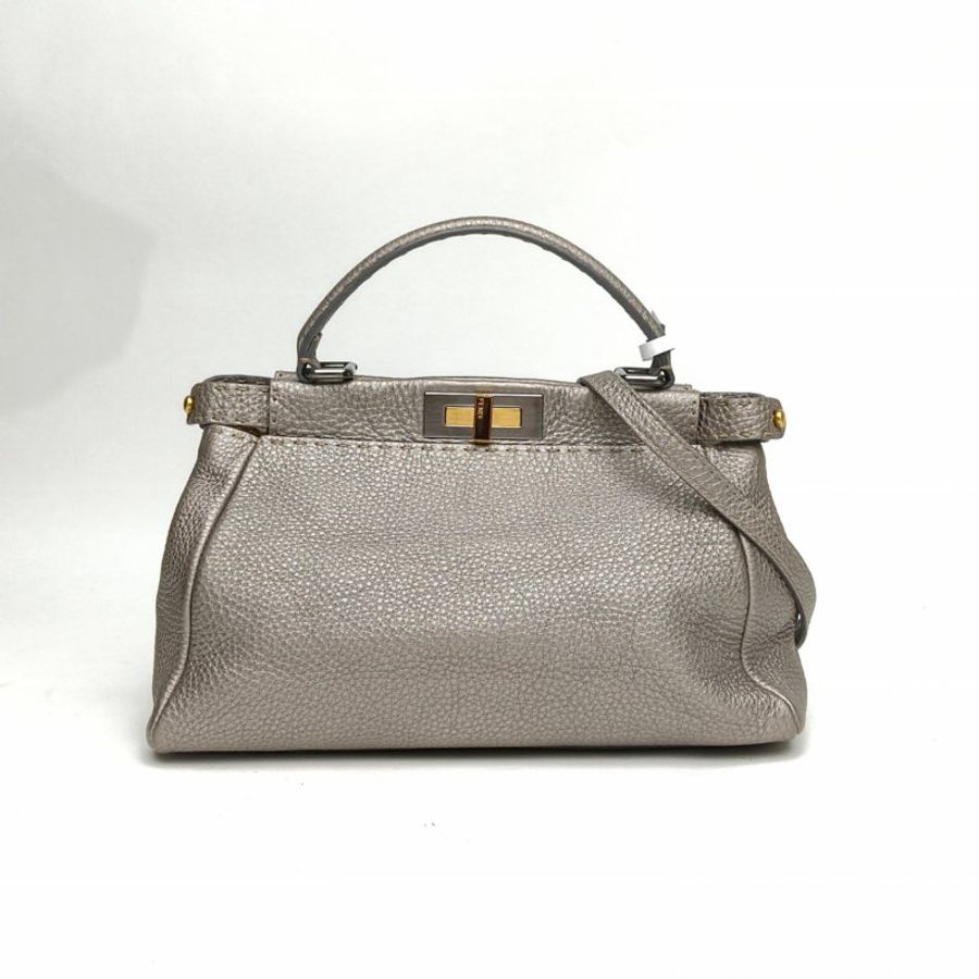 FENDI PEEKABOOREGULAR中號灰色牛皮金扣肩背包-0