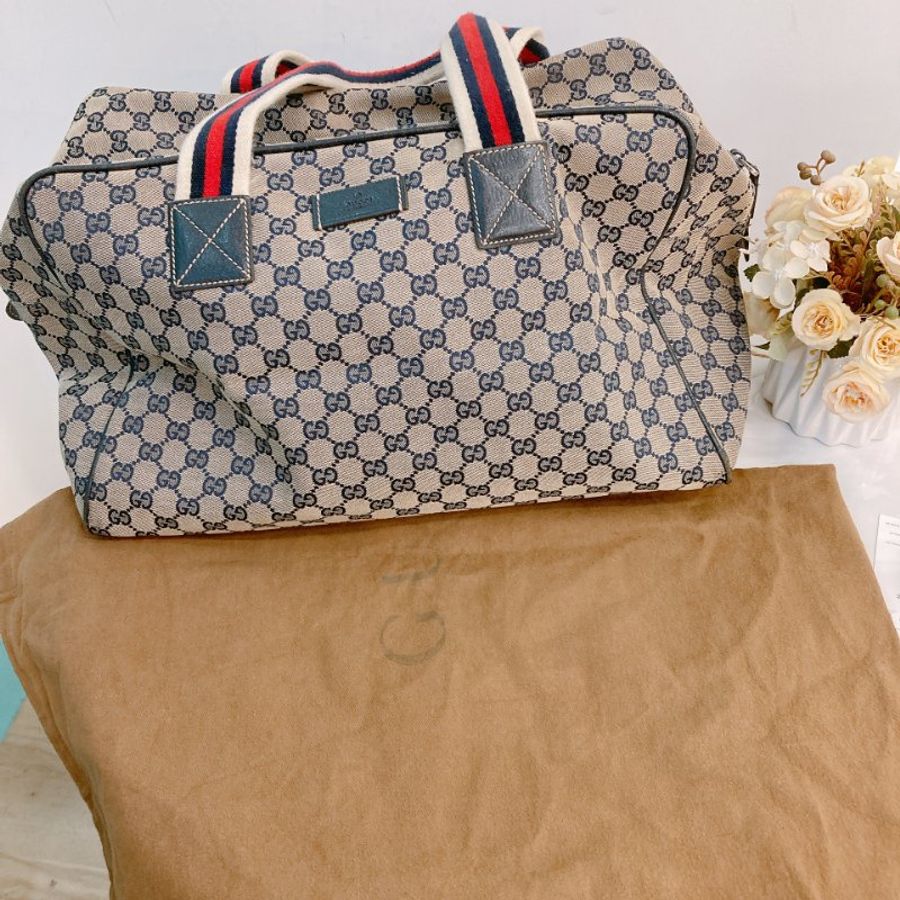MS0710 古馳 經典帆布旅行包 銀扣深藍色 Gucci Boston GG Canvas 40CM Blue x PHW-25
