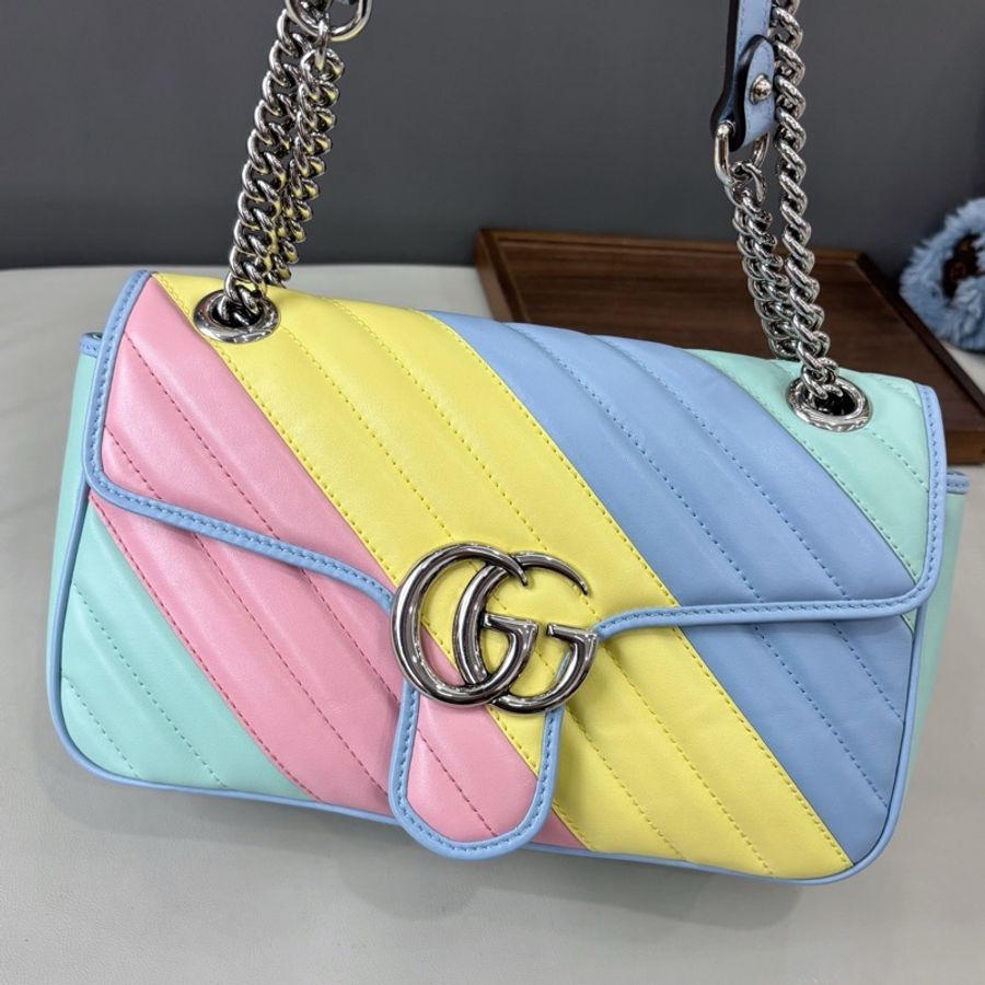 【近新閒置品】Gucci 馬卡龍拼色斜紋marmont26單肩斜挎鏈條包-0