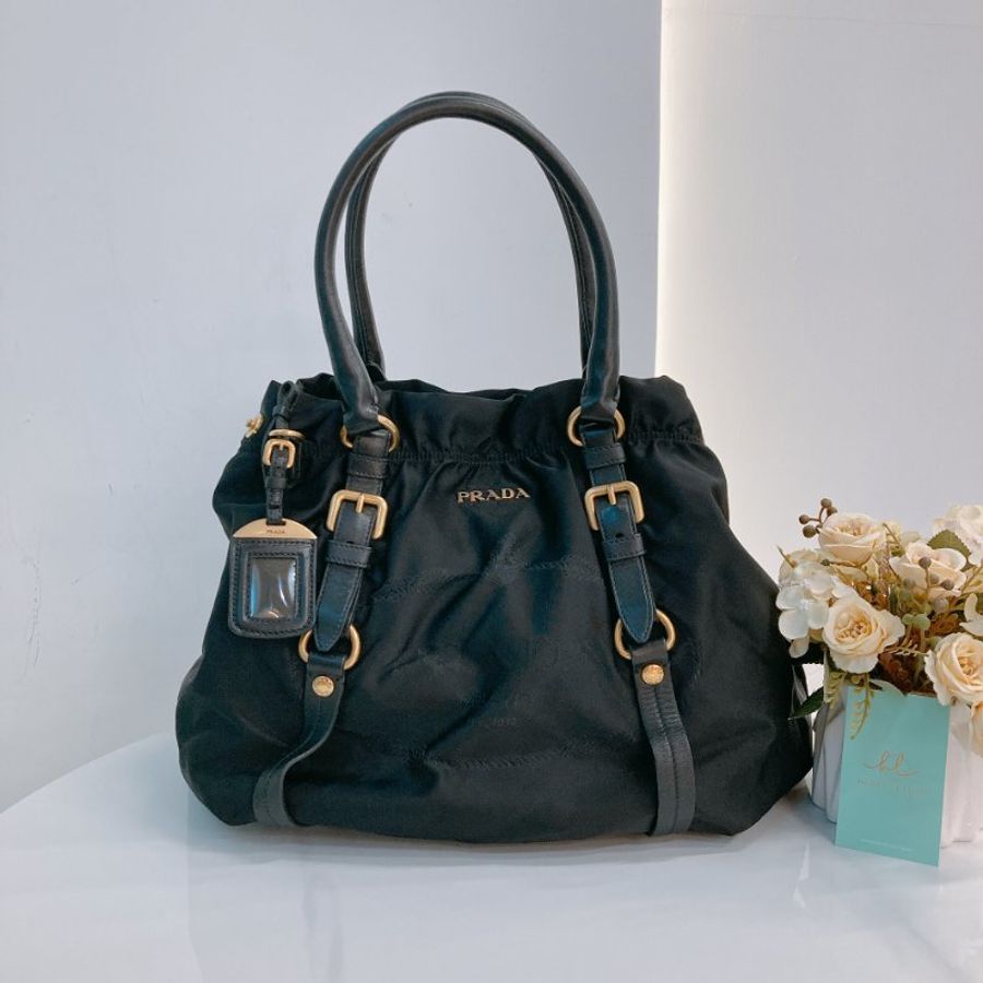 MS0709 Prada 普拉達尼龍手提包 黑色金扣 Tessuto Nylon Jacquard Logo Tote Bag Black x GHW-0