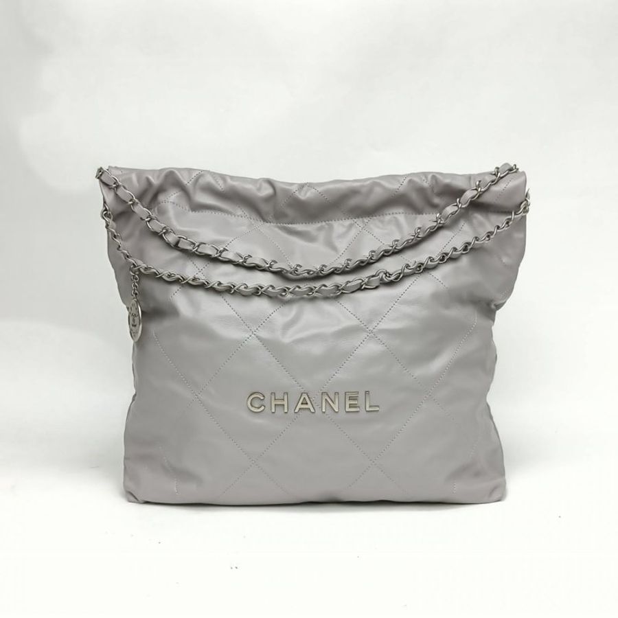 CHANEL 22BagTote托特包中號灰色牛皮晶片銀扣肩背包-0