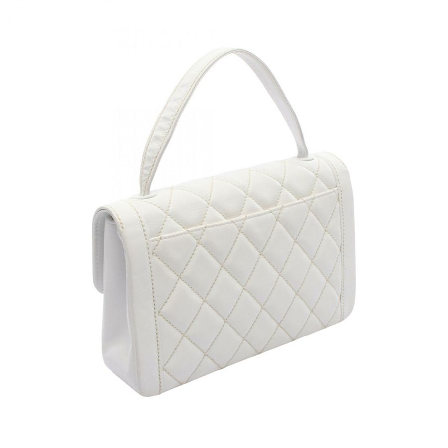 香奈兒 (CHANEL) 白色皮革手工縫線手提包，金色五金，二手，女士 Coco CC 標誌-1