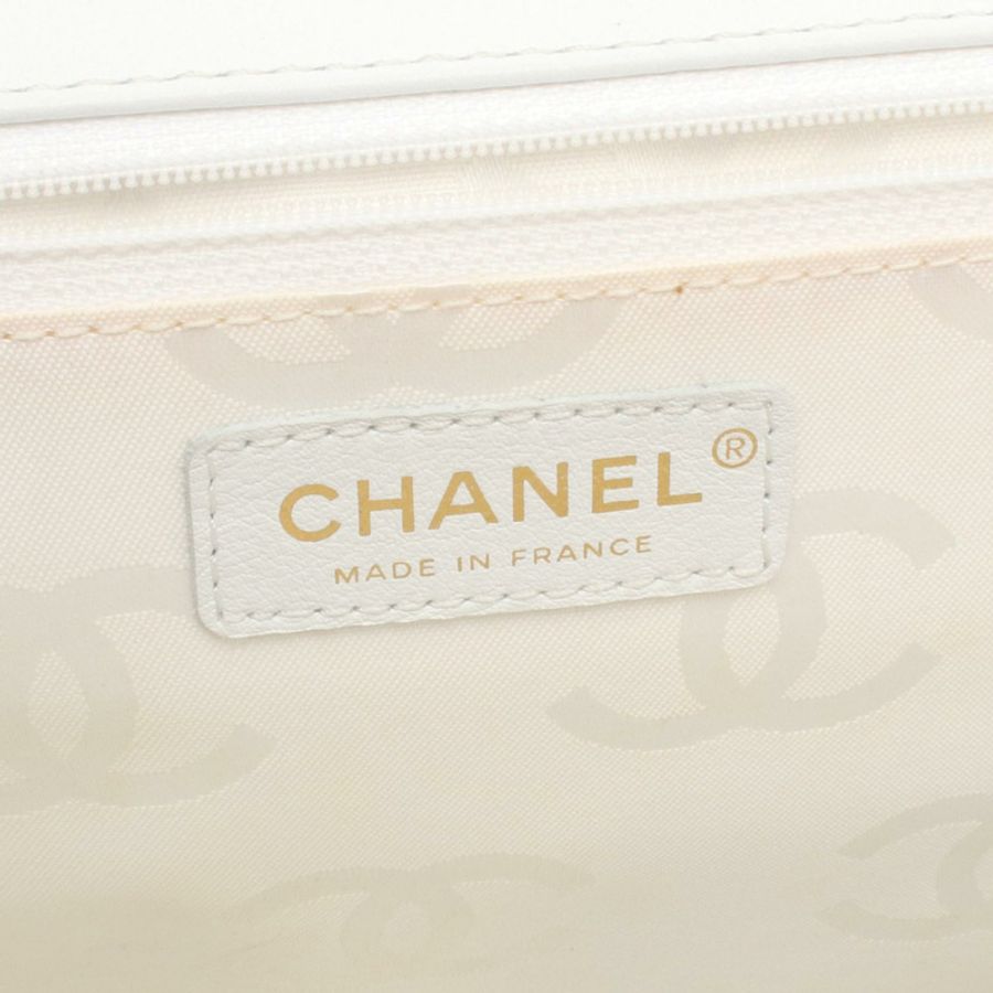 香奈兒 (CHANEL) 白色皮革手工縫線手提包，金色五金，二手，女士 Coco CC 標誌-3